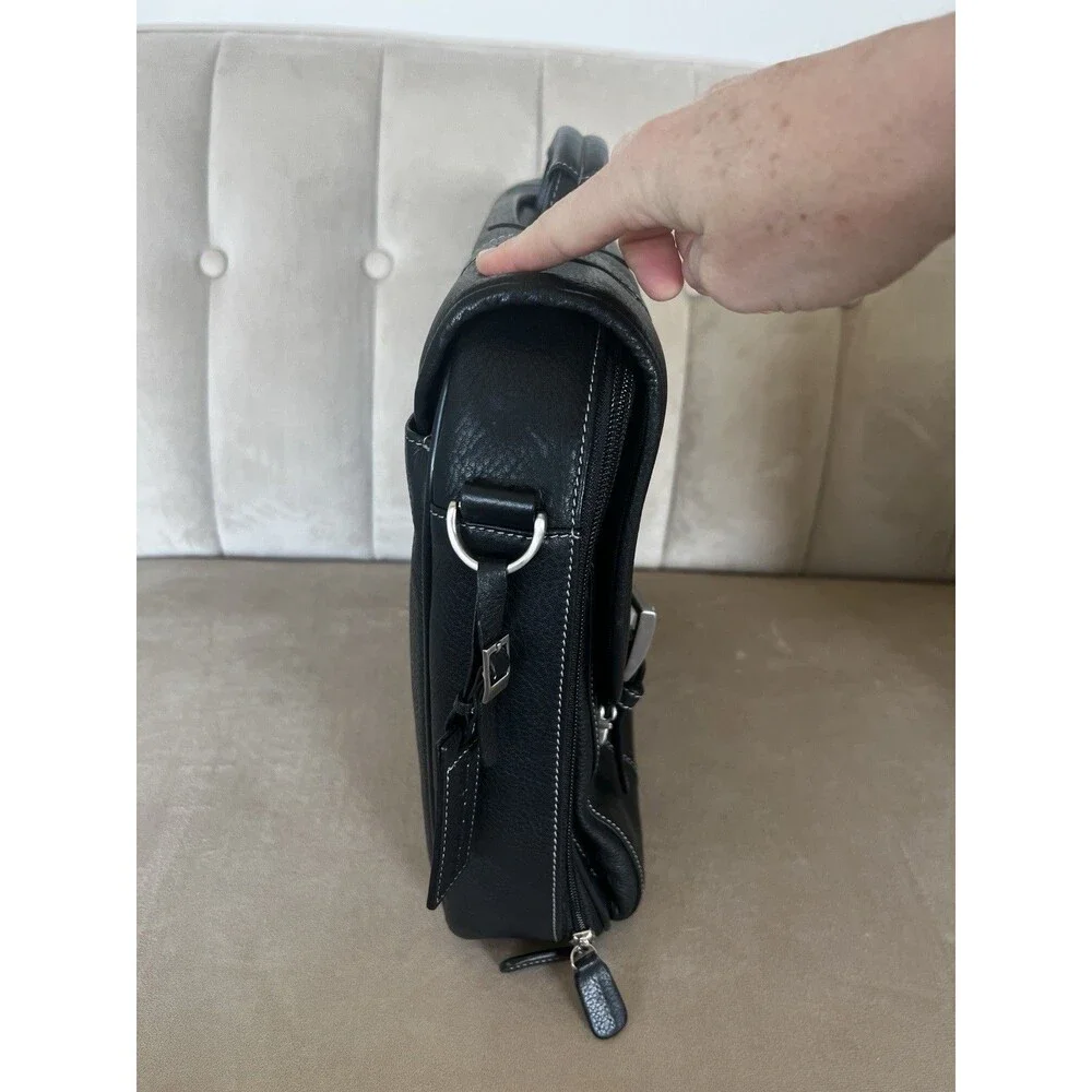Johnston & Murphy Leather Flapover Briefcase Black Laptop Messenger Bag Shoulder